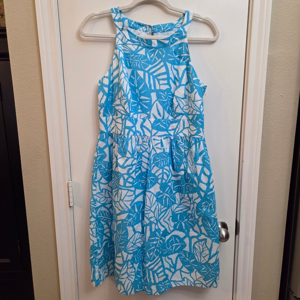 Ann Taylor Petites Blue White Tropical Leaf Halter Fit Flare Dress 10P Cotton